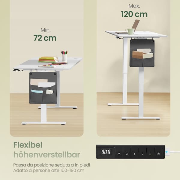 Höjdjusterbart skrivbord med minnesfunktion | Vit-grå | 180x80x72-120 cm