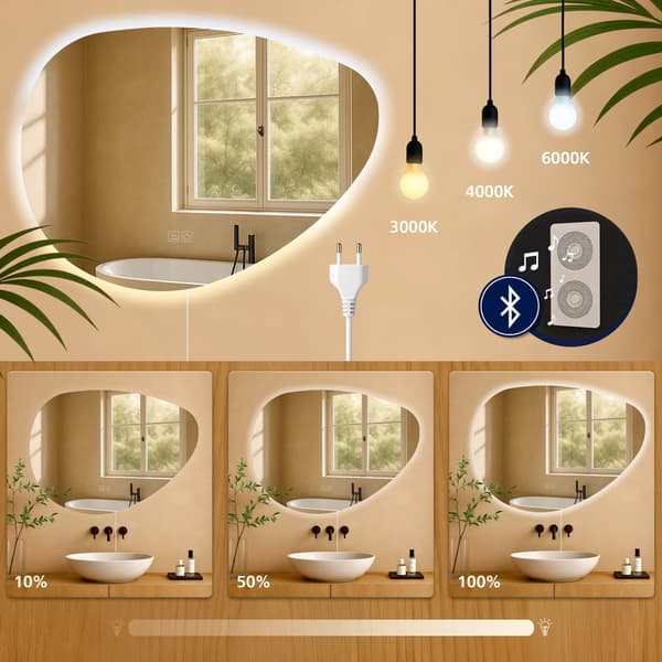 Bluetooth badrumsspegel, väggspegel, LED-belysning och anti-dim, IP44, dimbar,