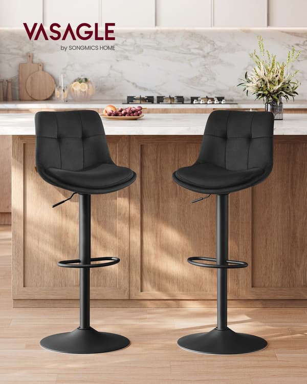 Barstolsset 2 delar sammet justerbar vridbar | Bläcksvart | 43x48,5x93,5-114 cm