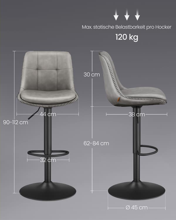 Set med 2 barstolar med högt ryggstöd - kromstål - PU - justerbar