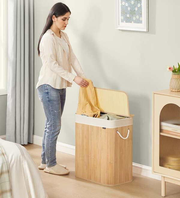 Tvättkorg i bambu med lock - 15 kg - 52 x 32 x 61 cm