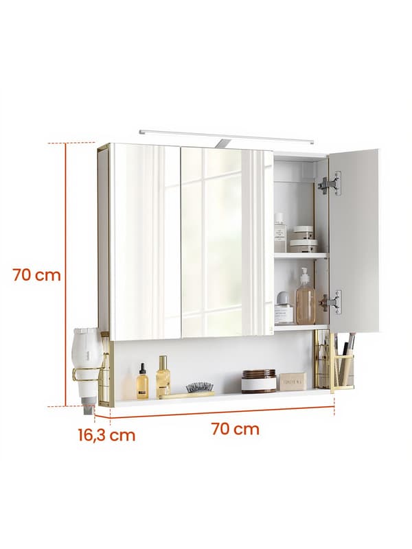 Badrumsskåp med LED-belysning | Vitt-guld | 70x14,6x70 cm