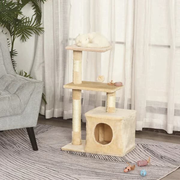 Kattskrapstolpe med sovplats, plattformar och leksaker | Färg: Beige | Mått: 50x30x80 cm