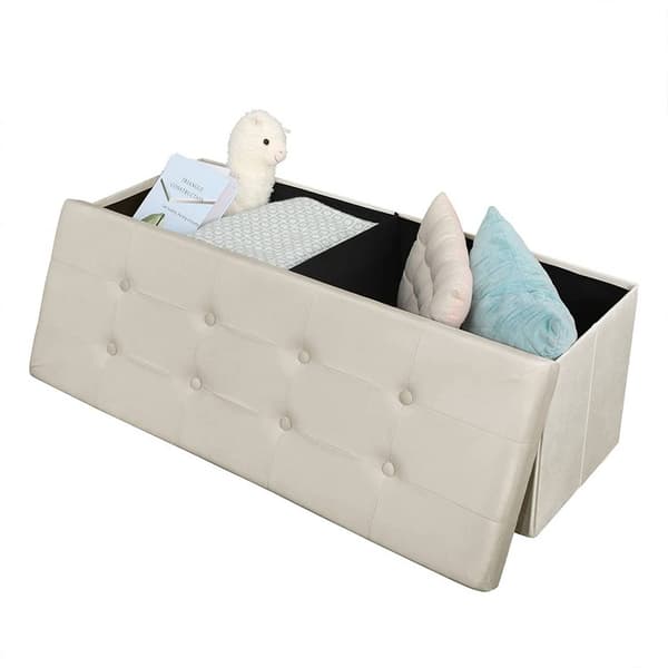 Förvaringsbänk i sammet med sittdyna och lock | Gräddvit | 110x37,5x38 cm