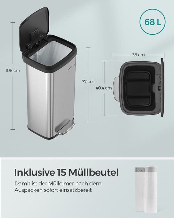 68L kökssoptunna i metall - stål - silversvart lock