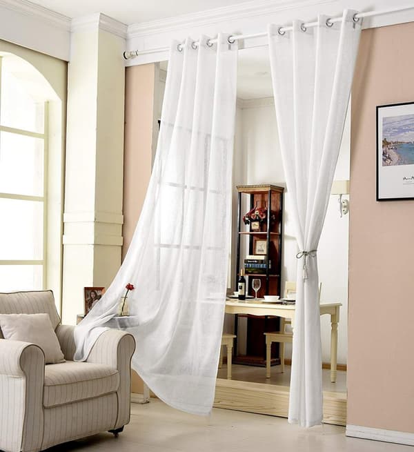 2-delat transparent gardinset med ringar linnelook | Vit | 140x245 cm