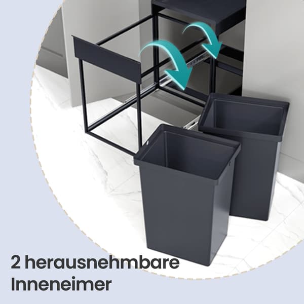 Kökssoptunna, sopsorteringssystem för underskåp, 2 x 20 l | Grå | 36,2x48,6x44 cm