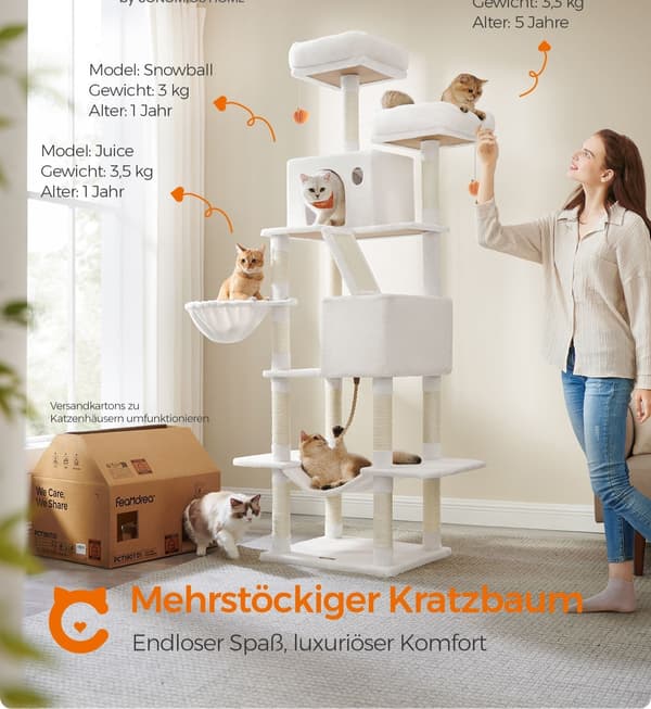 Stor skrapstolpe - klättertorn för katter - sisal - 60 x 50 x 206 cm, krämvit