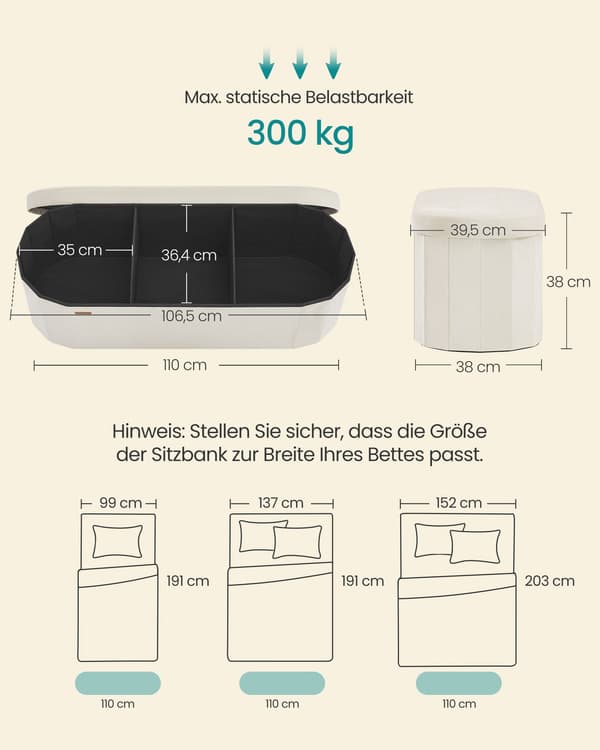 Soffa med förvaringsutrymme | Gräddvit | 110x38x38 cm