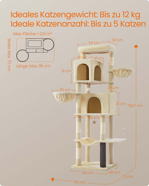 Kattträd med skrapstolpe - 2 hus - sisalrep - 190,7 cm hög