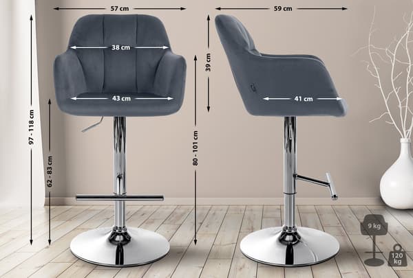 Barstol sammet mörkgrå - barstol justerbar - optimal komfort