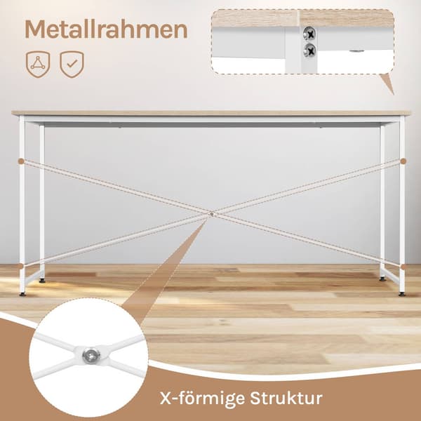 Skrivbord med metallram | Hell ek, vit | 140x60x75 cm
