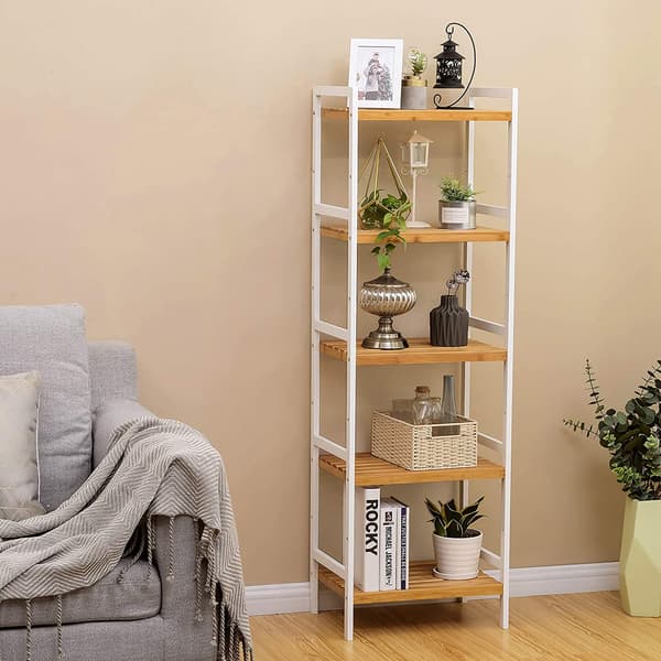 Förvaringsställ i bambu - köksskåp - vit/beige - 5 våningar - 45 x 31,5 x 142 cm
