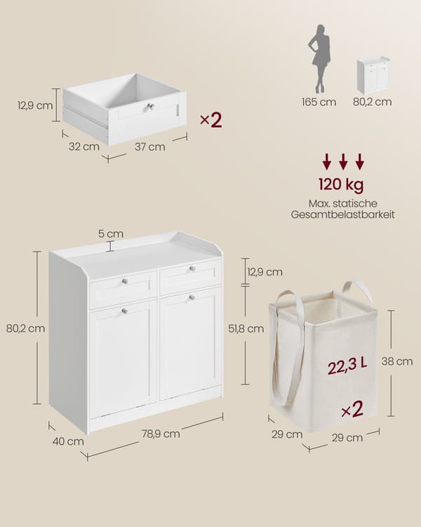 Badrumsskåp med tvättkorgar - förvaringsskåp - MDF - polyester - 40 x 78,9 x 80,2 cm