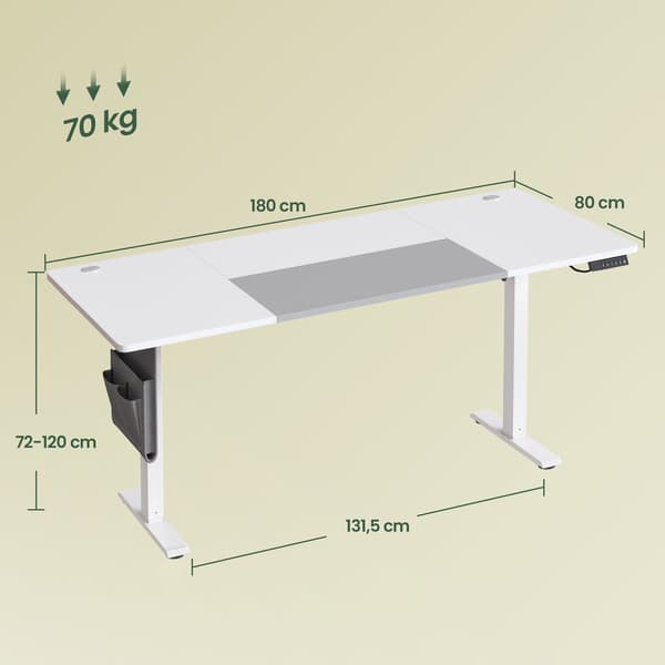 Höjdjusterbart skrivbord med minnesfunktion | Vit-grå | 180x80x72-120 cm