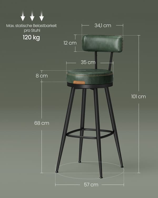 Set med 2 vridbara barstolar med ryggstöd | Skogsgrönt | 57x57x101 cm