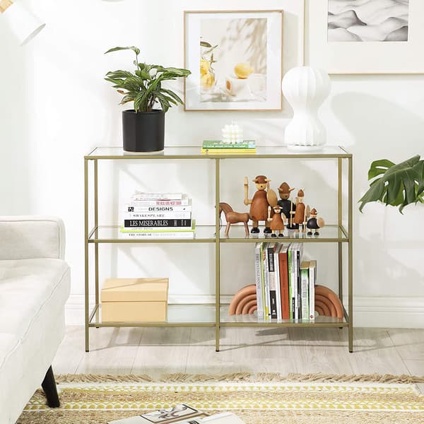 Sidobord med 3 hyllplan - glas/metall - guld - 100 x 30 x 73 cm
