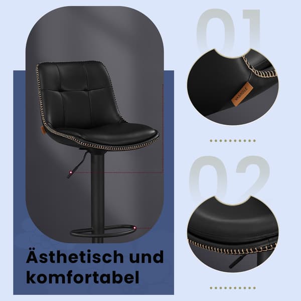 Set med 2 barstolar, justerbar, PU & förkromat stål, svart, 90-112 cm