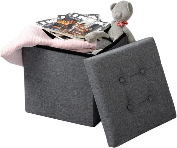 Fällbar sittpuff med förvaringsutrymme av linne | Mörkgrå | 37,5x37,5x38 cm