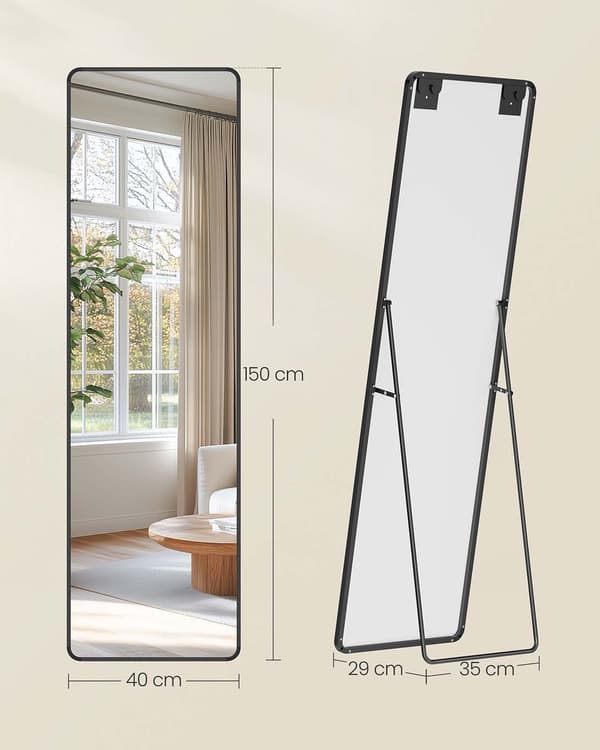 Stor rektangulär hellängdsspegel - väggspegel - hårt glas & aluminium - 150 x 40 cm svart