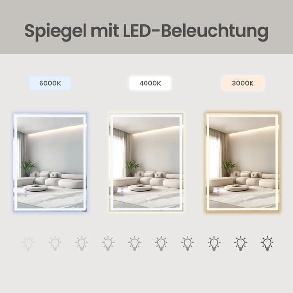 Väggspegel med LED-belysning, rektangulär | Vit | 70,7x50,7 cm