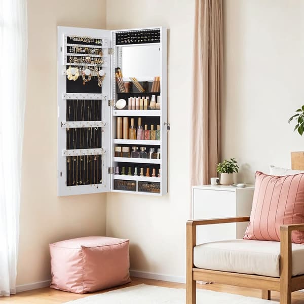 Smyckesskåp med LED-belysning, låsbart, smyckeskåp | Vit | 37,6x9,8x108,1 cm