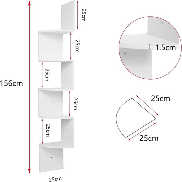 Hörnväggställ med 5 hyllor för böcker, CD och DVD | Vit | 25x156x25 cm