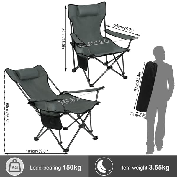 Fällbar campingstol med ryggstöd och mugghållare | Grå | 58,5x88,5x83 cm