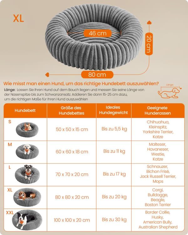 Tvättbar hundsäng 80 cm diameter | Duva grå | 80x80x20 cm