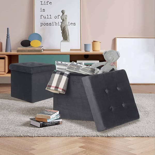 Set med 2 förvaringspuffar i sammet | Svart/grå | 37,5x37,5x38 cm