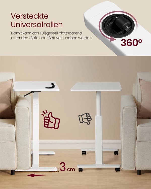 Ställbart vitt sidobord på hjul - mobilt skrivbord - 102 cm