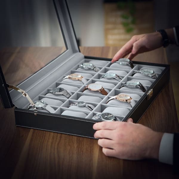 Klockbox för 24 klockor - organisatör - resefodral - MDF - svart