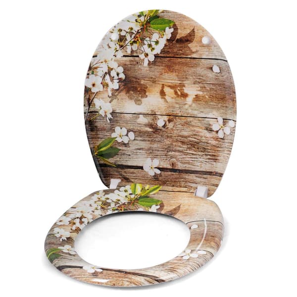 Duroplast toalettsits med soft close och blommönster Vit