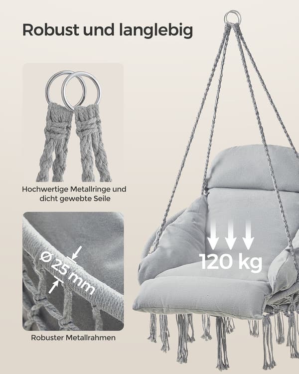 Hängstol med tjock dyna - 113 x 57 x 76 cm - grå, stål/polyester/bomull