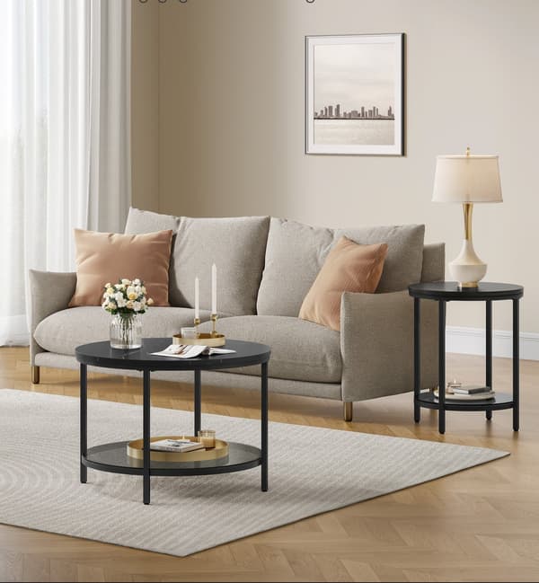 Soffbord 2 plan - Glas - Marmorlook - Svartgrå - 65 x 46 cm