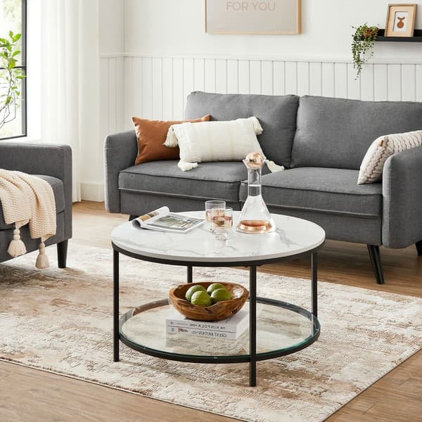 Soffbord i vit marmorlook - modernt - stål, härdat glas - 80 x 44,5 cm