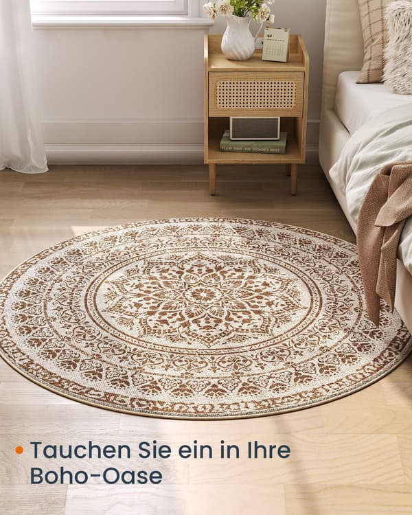 Rund matta boho - cappuccino beige - polyester/filt/TPR - lätt - 120 cm