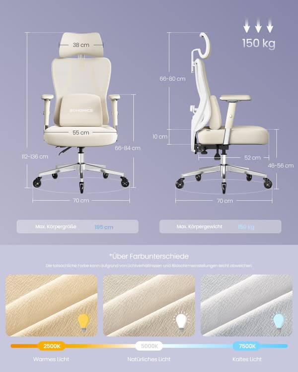 Ergonomisk kontorsstol med justerbart stöd | Kamel brun-molnig vit | 70x70x112-136 cm