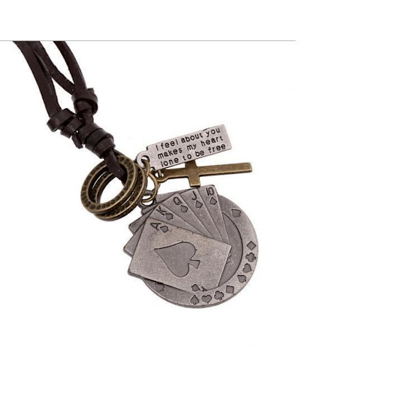 Halsband med läder rem och hänge med text med spelkort