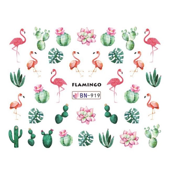 Vanddekaler - Flamingo + Cactus - BN-919 - Til negle Multicolor