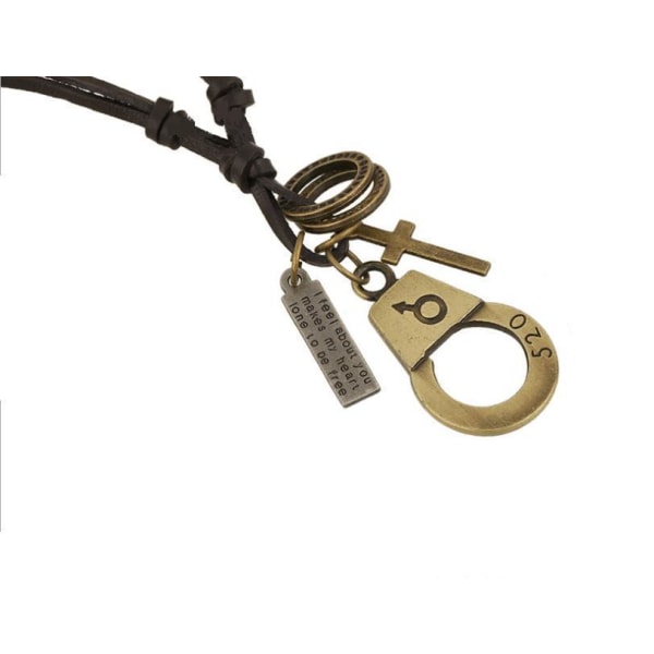 Halsband i läder med handbojor i mässing och dekorationer
