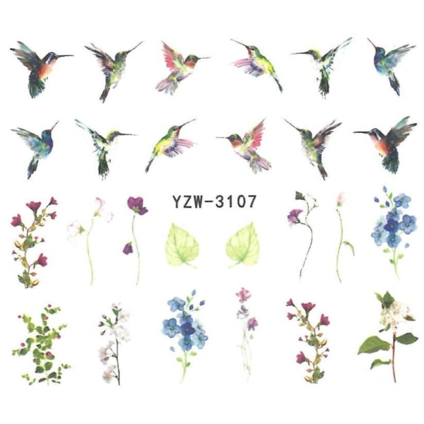 Vattendekaler - Fåglar och Blommor - YZW-3107 - För naglar multifärg
