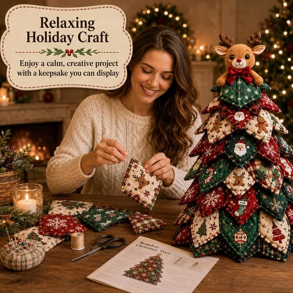 DIY Quilted Fabric Christmas Tree Kit, 3D Fabric Patchwork Craft Set for Beginners, Handmade Table Decoration for Home, Mantel, Table, Office
