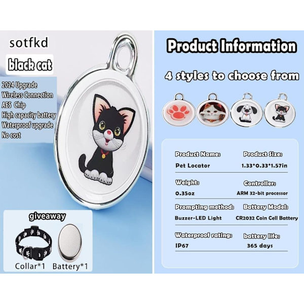 GPS Tracker for Dog & Cat, Waterproof Pet Tracker without Monthly Fee, Compatible with Android & iOS Katt
