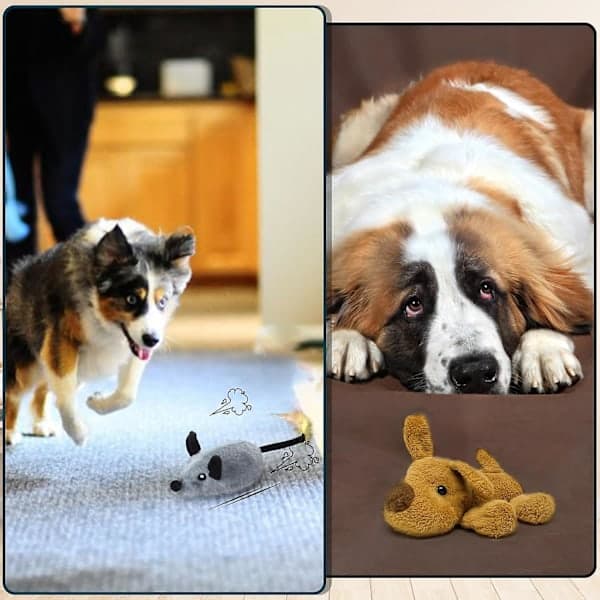 Interactive dog toy mouse, with light and an automatic swinging flying mouse that squeaks, rechargeable mobile dog toy.