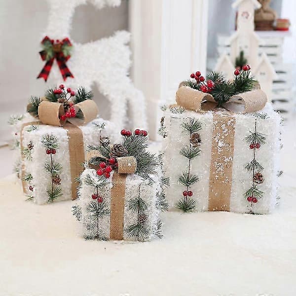 3 st/set Urholkad Juldekoration LED Presentförpackning Med Rosett Li...
