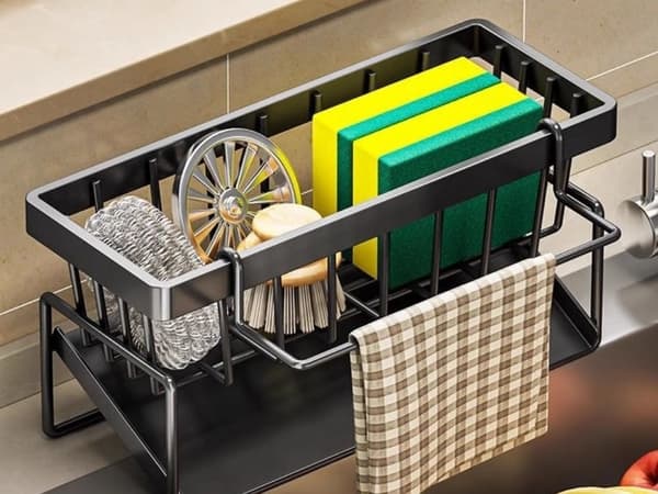 Sink Basket with Drip Tray - Metal Holder for Sponges and Kitchen Utensils