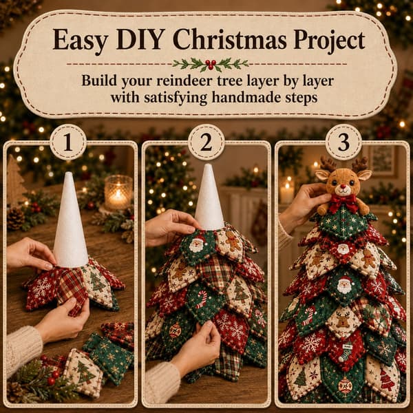 DIY Quilted Fabric Christmas Tree Kit, 3D Fabric Patchwork Craft Set for Beginners, Handmade Table Decoration for Home, Mantel, Table, Office