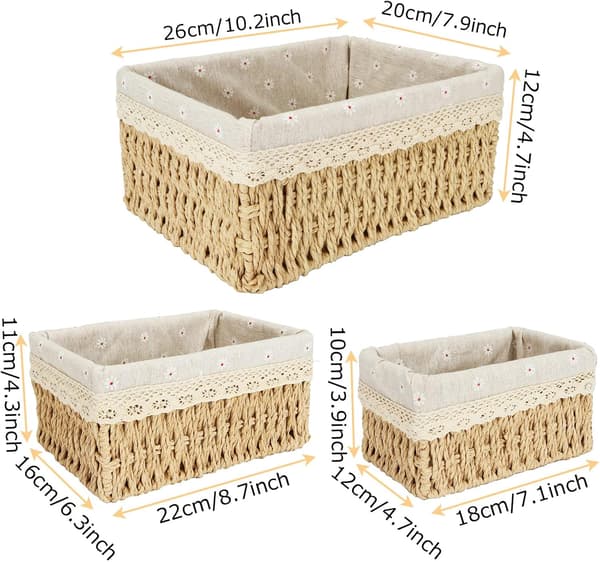 Set of 3 Rattan Baskets, Small Rectangular Rattan Baskets with Linen