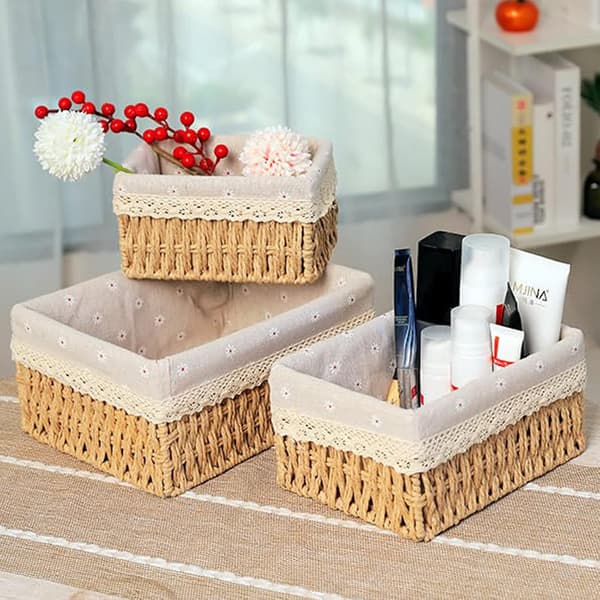 Set of 3 Rattan Baskets, Small Rectangular Rattan Baskets with Linen